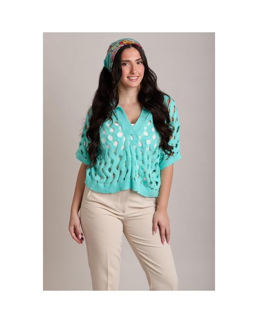 Saachi Blue Knit Cut-Out Collared Aqua Shirt