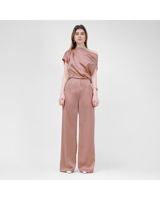 BLUZAT Pink Neutrals Bronze Set With Asymmetrical Draped Top And Wide Leg Trousers