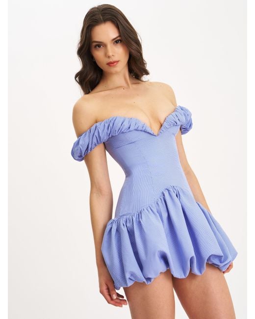 Miss Circle New York Blue Sablee Checkered Puffy Off Shoulder Trim Bubble Hem Mini Dress
