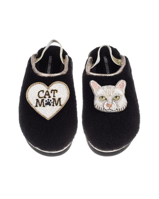 Laines London Black Flatform Cloud Slippers With Lily Cat & Cat Mum/Mom Brooches