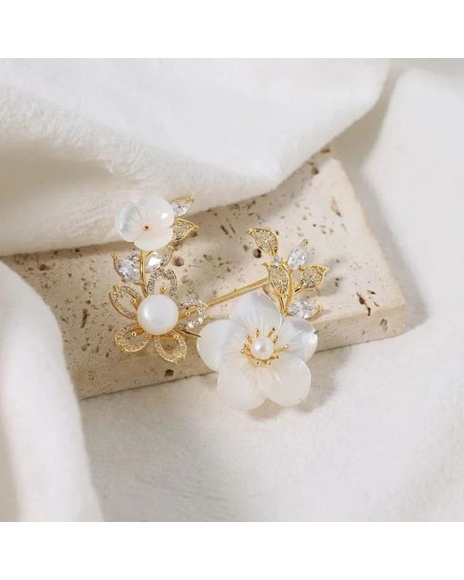 Angel Barocco Metallic Vintage Floral Mother-Of-Pearl Brooch