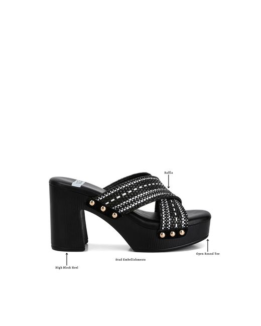 Rag & Co Black Finley Raffia High Block Heel Clogs