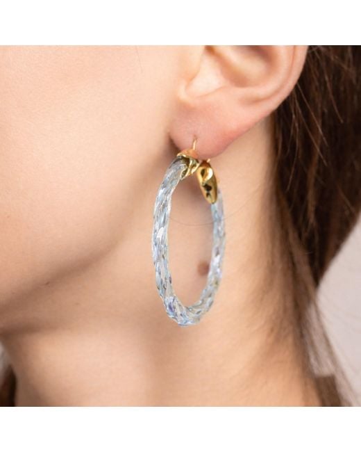 Gold & Honey Blue Diamond Swirl Twist Lucite Birthstone Hoop Earrings