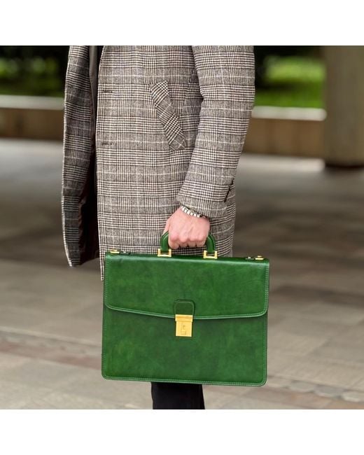 Time Resistance Green Leather Briefcase for men