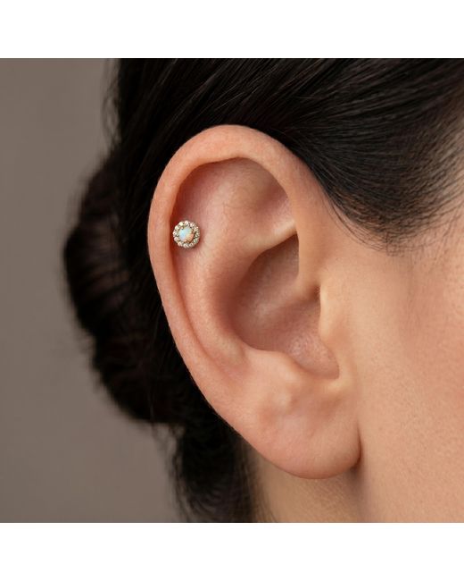 Zahav Jewelry Metallic 14K Solid 18G 8Mm Opal & Round Cz Internally Threaded Flat Back Stud