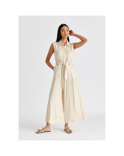 Paisie Natural Neutrals Linen Blend Jumpsuit With Stitch Details