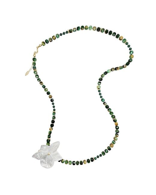 Farra Metallic Cube Tiger-Eye Stone With Giant Flower Shell Long Necklace