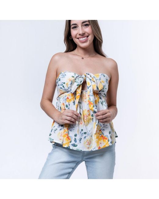 House of Gl Yellow Florea Cotton Front-Tie Smocked Back Tube Top