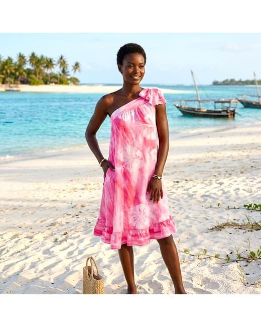 Nyny Ryke Pink Wilma Sh, One-Shoulder Midi Dress Floral Cotton Summer Dress