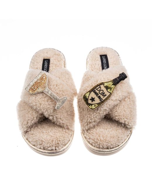Laines London Natural Neutrals Laines Neutral Boucle Slippers With Dom Darling Champagne Brooches
