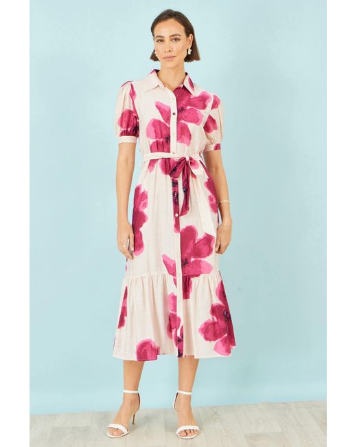 Yumi' Pink Scattered Floral Shirt Dress