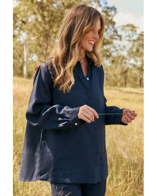 Adrift Clothing Blue Oversized Linen Boyfriend Shirt