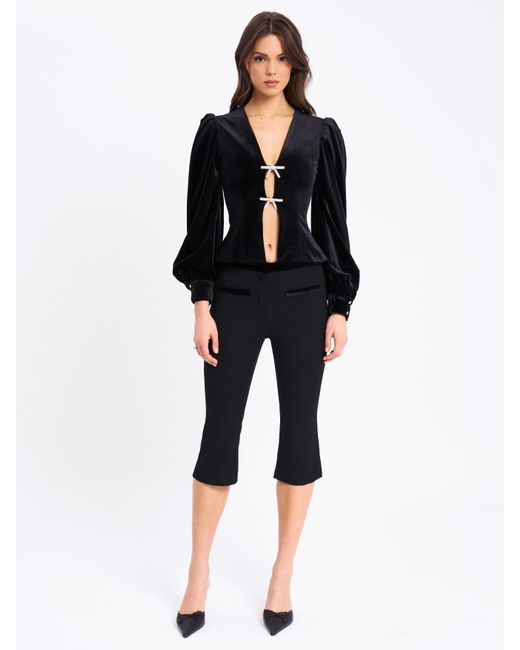 Miss Circle New York Black Krista Velvet Lantern Sleeve Top With Crystal Bow