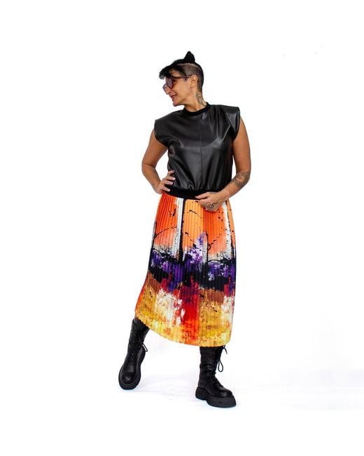 Lalipop Design Orange Colorful & Abstract Print Pleated Midi Skirt