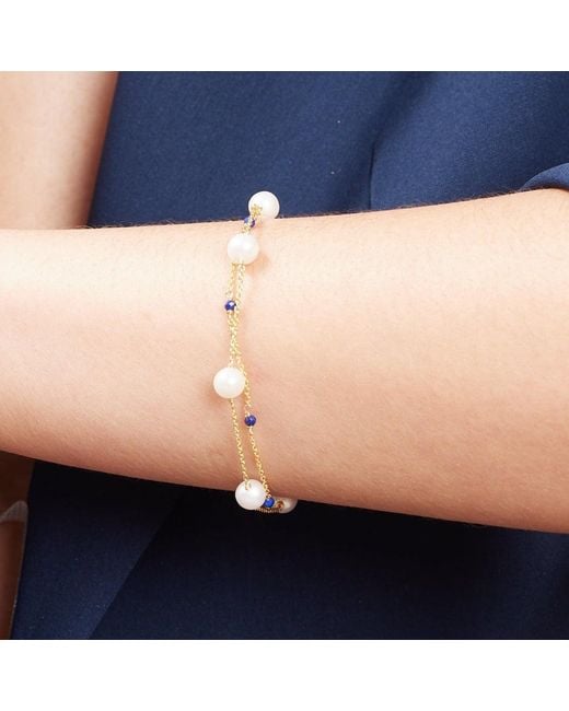 Pearls of the Orient Online Metallic Credo Fine Double Chain Bracelet With Cultured Freshwater Pearls & Lapis Lazuli