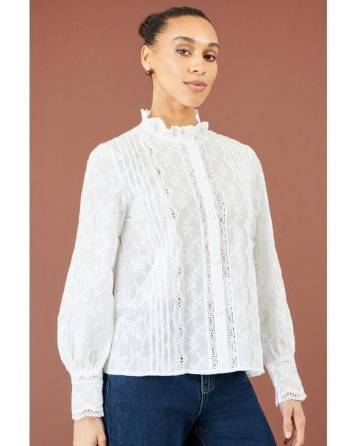 Yumi' White Floral Cotton Shirt With Lace Details