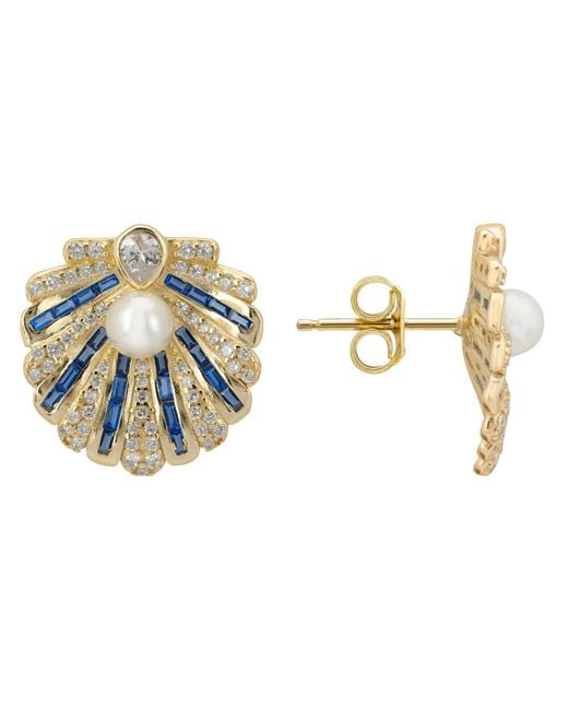 Latelita London Metallic Art Deco Scallop Shell Earrings Sapphire Blue With Pearl Gold