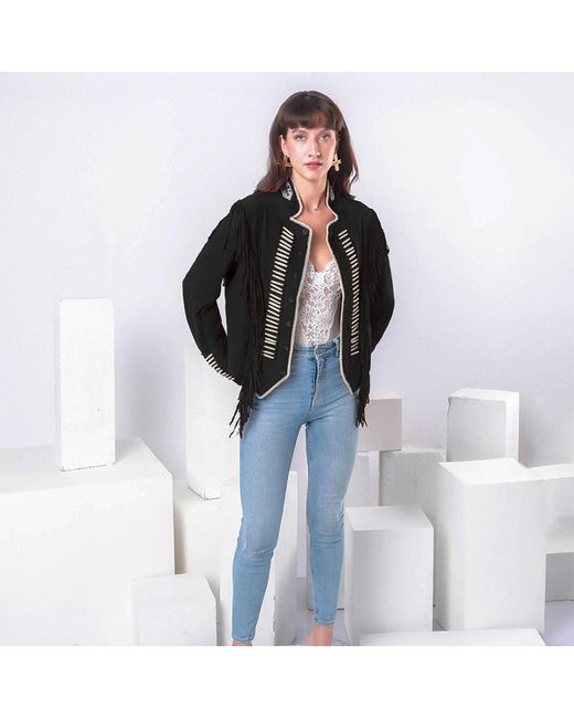 Zasta Studio Black Warrior Suede Leather Jacket With Beads & Fringes