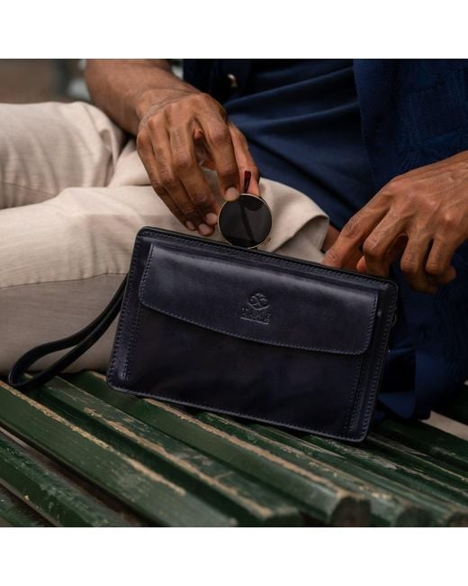 Time Resistance Blue Leather Clutch Purse for men