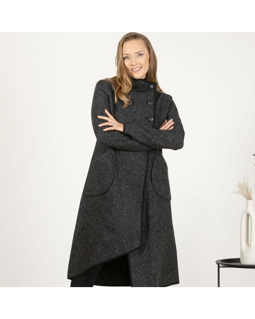 Nikka Place Black Asymmetrical Boiled Wool Cardigan With Buttons And High Neck
