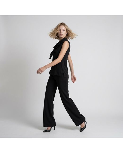 Modenaire Black Sleeveless Tie Neck Blouse And Wide Leg Trouser Set