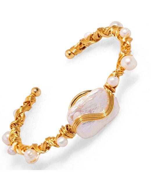 Ebru Jewelry Metallic Cleopatra Twisted Design Pearl & Cuff Bracelet