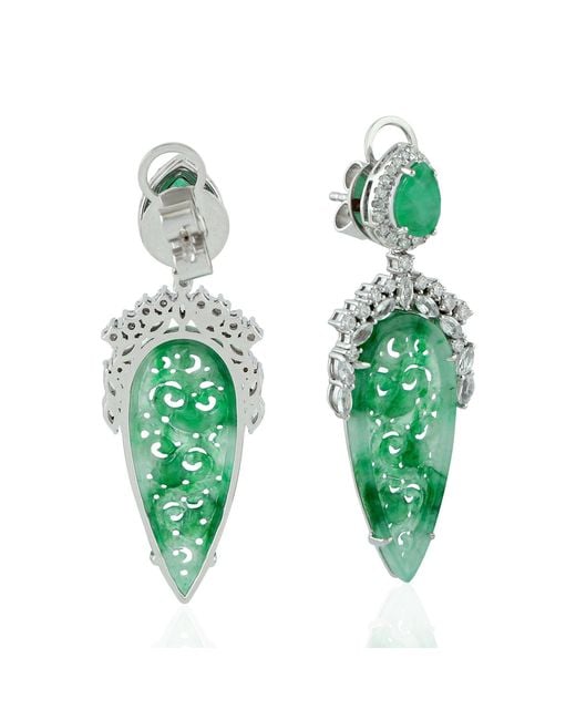 Artisan Green 18k White Gold Carving Jade Emerald Sapphire Diamond Earrings