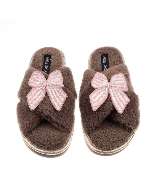 Laines London Brown Neutrals Laines Neutral Boucle Slippers With Stripe Bow Brooches