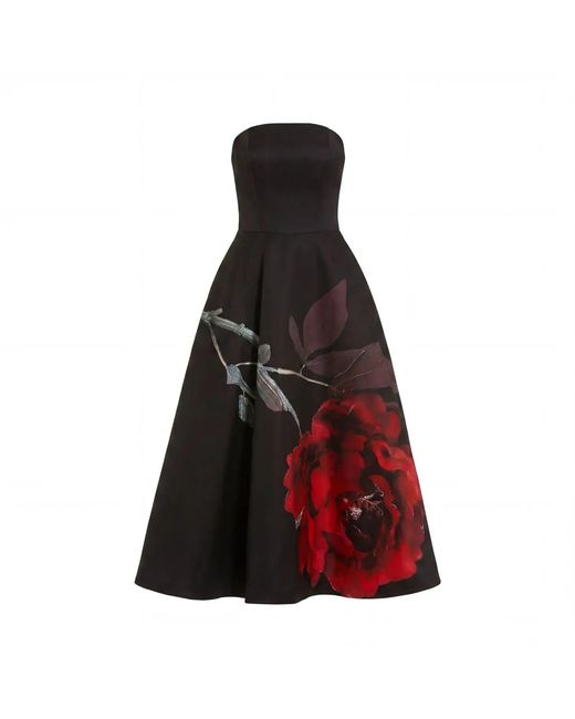 Mac Duggal Red Printed Satin Strapless Midi Dress With Pockets