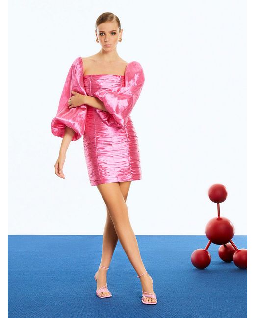 Nocturne Pink Balloon Sleeve Draped Mini Dress- Fuchsia
