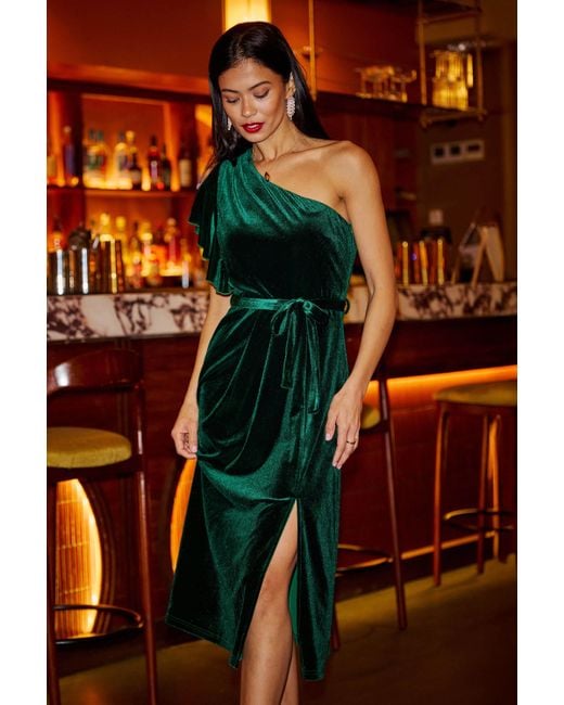 Yumi' Green Velvet Frill One Shoulder Midi Dress With Split Hem