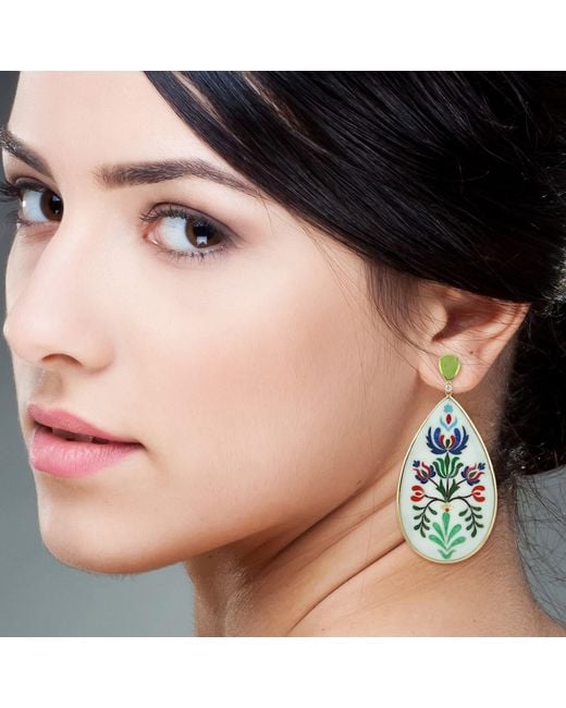 Artisan Multicolor 18k Yellow Gold Flower Enamel Dangle Earrings Diamond Peridot Gemstone Jewelry