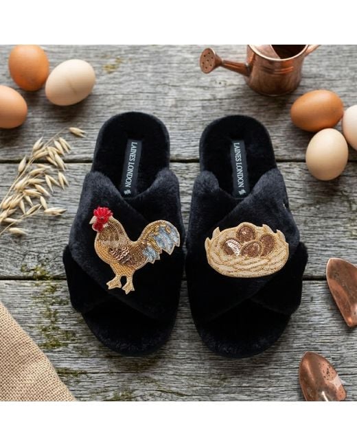 Laines London Black Classic Laines Slippers With Rooster & Nest Of Eggs Brooches