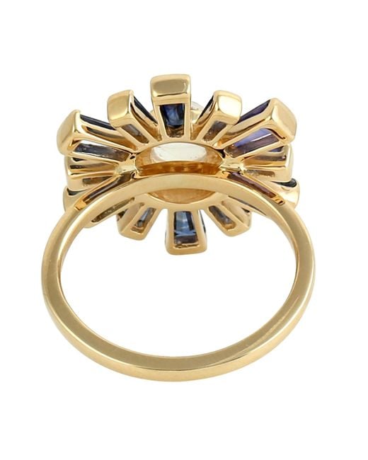 Artisan 18k Yellow Gold In Pave Diamond With Tapered Blue Sapphire & Moonstone Cocktail Ring