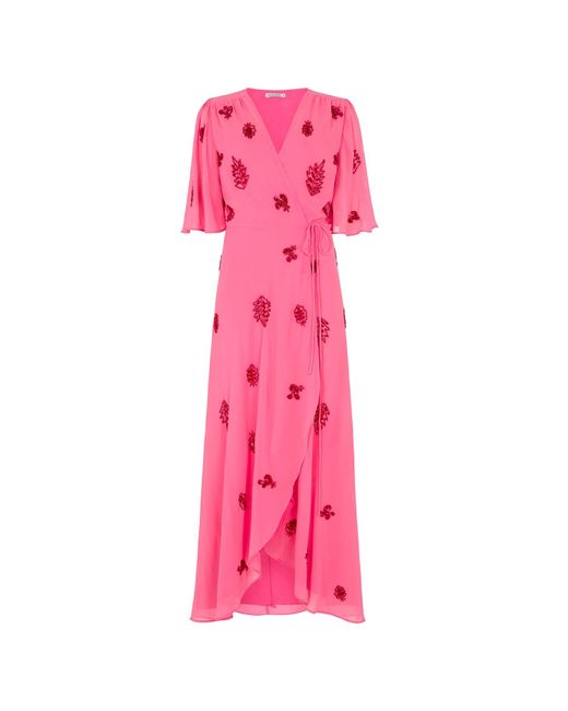 Hope & Ivy Pink The Hebe Embellished Wrap Dress With Tie Waist And Flutter Sleeve