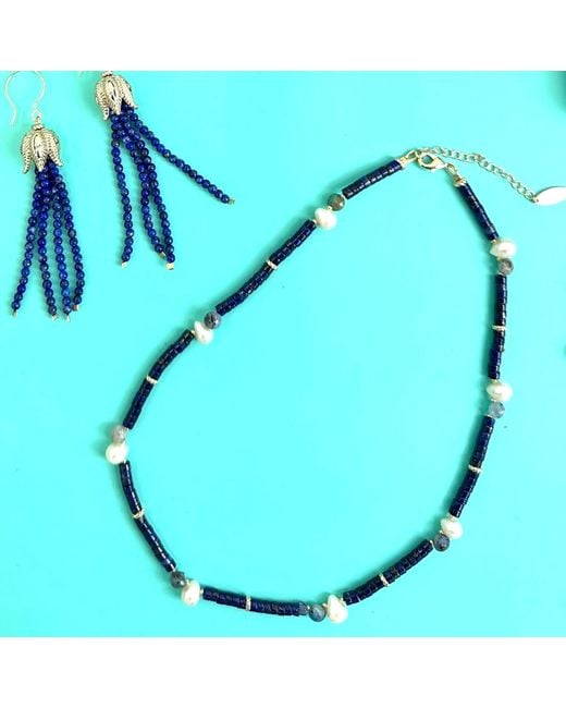 Farra Blue Lapis With Teardrop Pearls Dainty Necklace