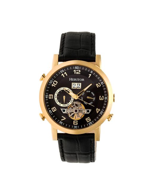 Heritor Metallic Edmond Leather-band Watch With Day And Date for men