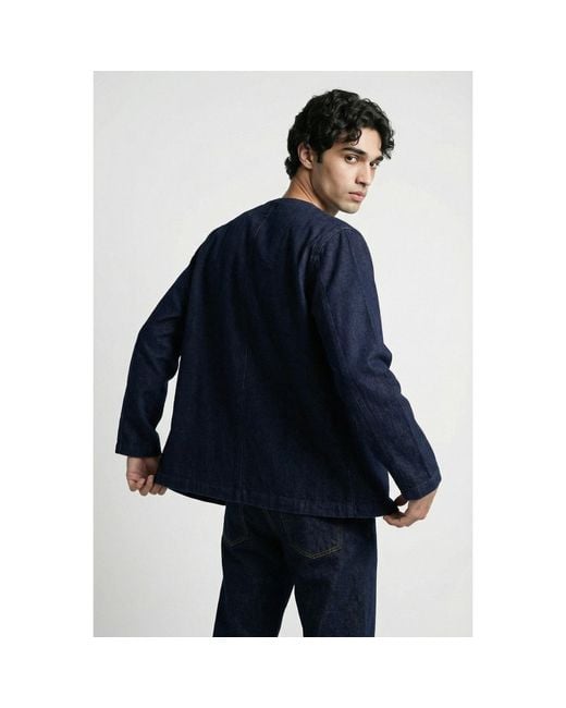 Modenaire Blue Collarless Jacket Relaxed Fit Structured Utility for men