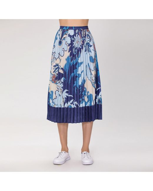 Smart and Joy Blue Pleated Midi Skirt With Print