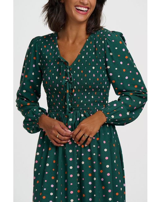 Sugarhill Green Kasia Shirred Midi Dress Dark Dots