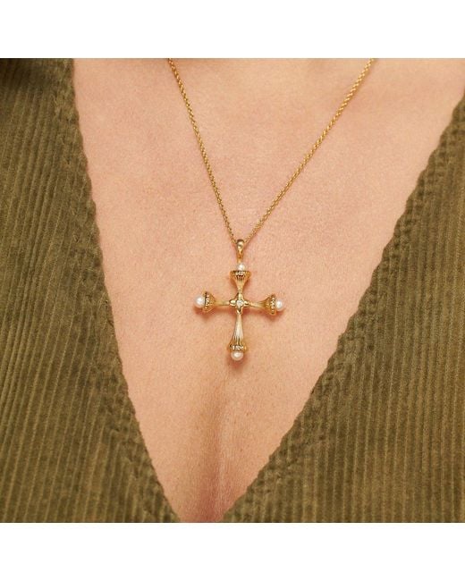 Lulu B London Metallic Pearl Cross Necklace With Cubic Zirconia