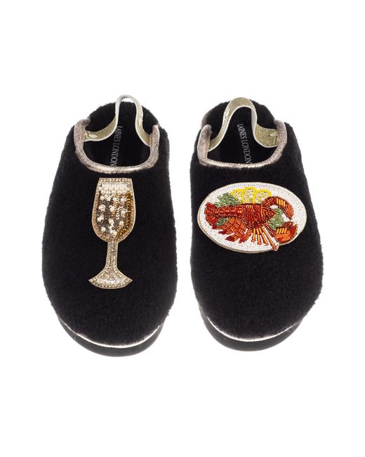 Laines London Black Flatform Cloud Closed Toe Slippers With Lobster Platter & Glass Of Fizz Brooches