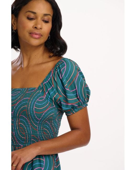 Sugarhill Blue Jolene Shirred Midi Dress, Concentric Circles