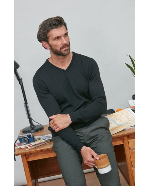 Paul James Knitwear Blue Extra Fine Merino Wool Chester V-Neck Jumper for men