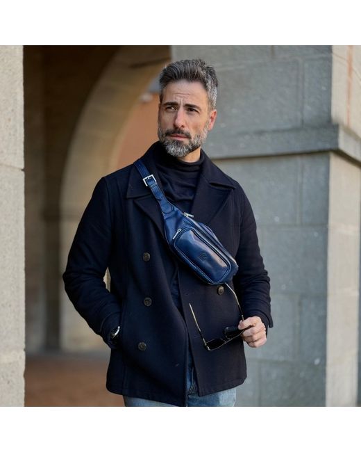 Time Resistance Blue Leather Sling Bag Belly Bag for men