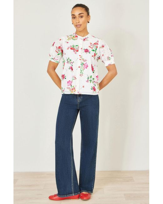 Yumi' White Cotton Broderie Anglaise Floral Shirt
