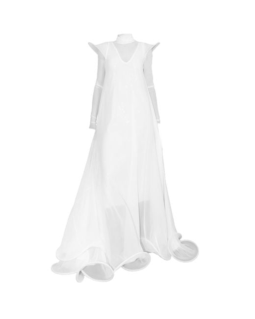 Laura Daili White Neutrals Double-Layer Gown With Signature Shoulder Wings