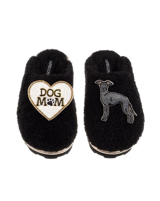 Laines London Black Teddy Closed Toe Slippers With Dog Mum/Mom & Italian Greyhound Brooches