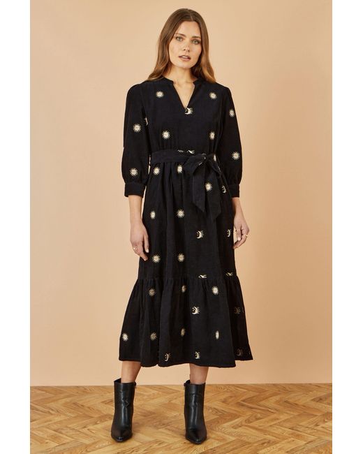 Yumi' Black Cosmic Embroidery Cord Midi Shirt Dress