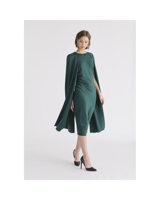 Paisie Green Cape Sleeves Dress With Waist Details